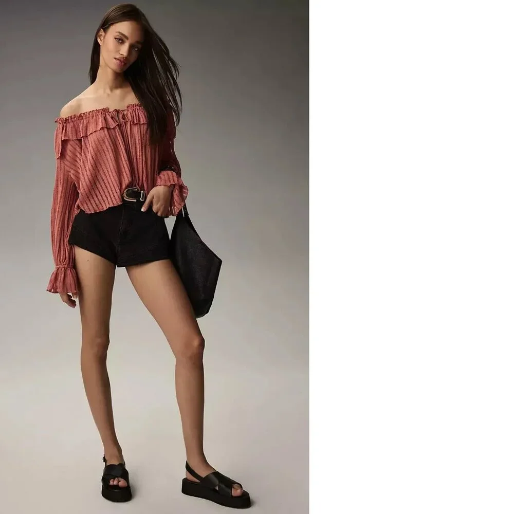 By Anthropologie Long-Sleeve Sheer Striped Crop Blouse top nwt new with tag - Picture 5 of 7